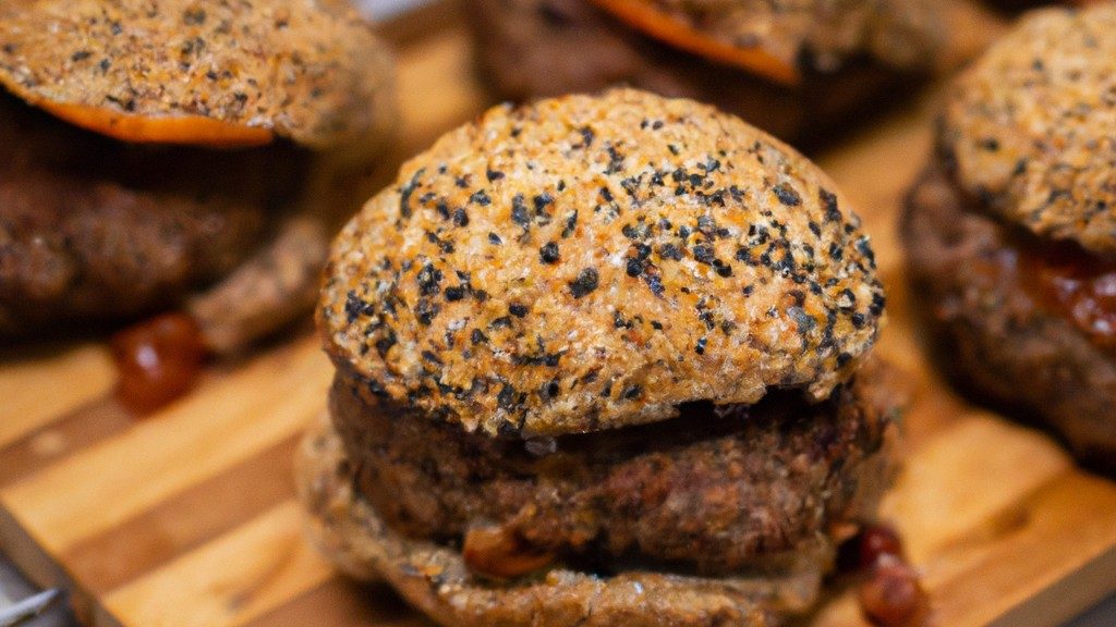 Imagem de um hambúrguer grelhado na Airfryer, feito com carne moída e aveia. O hambúrguer está no pão, com alface, tomate, cebola e queijo.