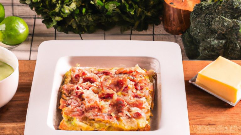 Imagem da airfryer contendo uma assadeira com uma lasanha de brócolis, bacon e molho branco. A lasanha tem várias camadas, incluindo massa, brócolis, bacon, molho branco e queijo. A lasanha está dourada e borbulhante.
