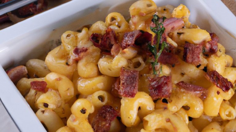 Imagem de uma porção de macarrão cozido na Airfryer, coberto com fatias de bacon crocantes e um molho de queijo cremoso e derretido. A imagem mostra o macarrão cozido perfeitamente, com uma leve crosta dourada e o bacon baconizado com uma textura crocante. O molho de queijo é rico e cremoso, cobrindo o macarrão e o bacon e criando um prato apetitoso e reconfortante.