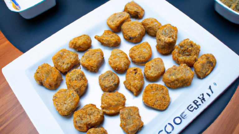 Imagem de nuggets veganos crocantes e dourados cozidos em uma Airfryer. Os nuggets são feitos com grão de bico, ervilhas e especiarias, e são servidos com um molho de sua escolha.