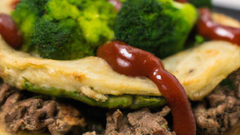 Imagem de uma Airfryer cheia de panquecas de brócolis douradas com um molho de carne espesso por cima. As panquecas são cobertas com queijo derretido e cebolinha picada, e são servidas em um prato com uma salada verde e tomate fatiado.