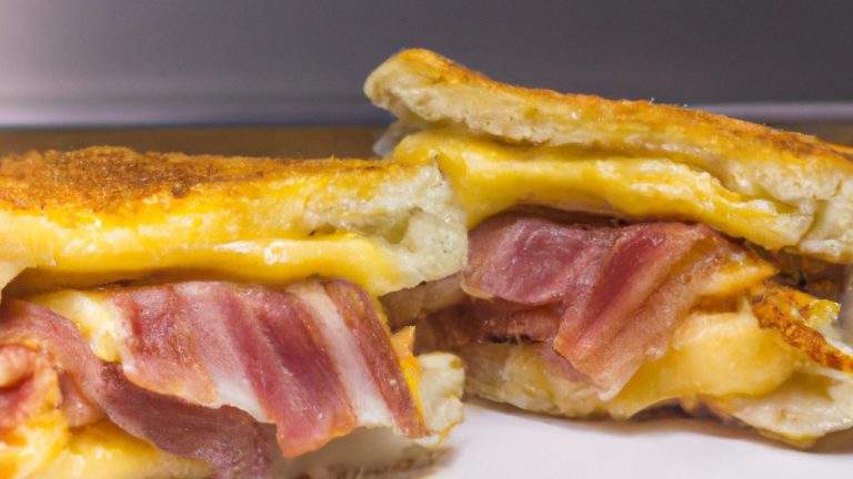 Foto de um sanduíche feito na airfryer com queijo derretido, bacon crocante e pão torrado. O sanduíche é servido em um prato com batatas fritas.