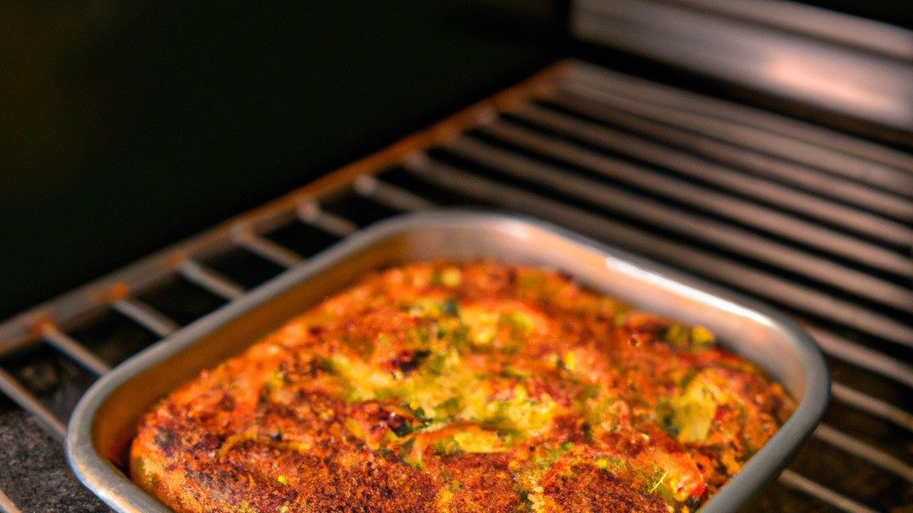Imagem de uma torta de couve-flor e frango recém-assada em uma frigideira. A torta tem uma crosta dourada e é coberta com queijo derretido. A couve-flor e o frango são visíveis no recheio.