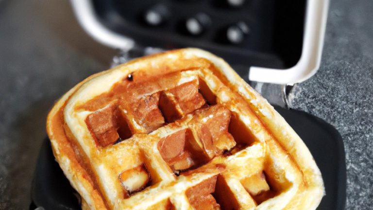Imagem de waffles dourados e crocantes feitos na Airfryer, cobertos com manteiga derretida e calda de bordo. Esses waffles são feitos com uma massa caseira fácil de preparar, resultando em waffles fofos e saborosos que podem ser apreciados a qualquer hora do dia.
