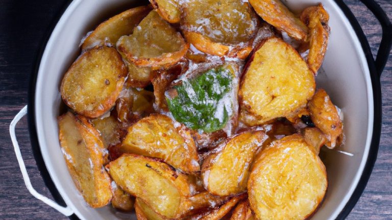Esta imagem mostra uma porção de batatas assadas com crosta de parmesão, preparadas em uma airfryer. As batatas têm uma crosta dourada e crocante, com pedaços de queijo parmesão derretido. As batatas estão dispostas em um prato branco e são guarnecidas com salsa fresca.