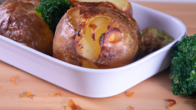 Imagem de uma batata gratinada com brócolis feita na Airfryer. A batata é fatiada e disposta em camadas com o brócolis, que é coberto com um molho cremoso de queijo. O prato é dourado e borbulhante, com uma crosta crocante por cima.