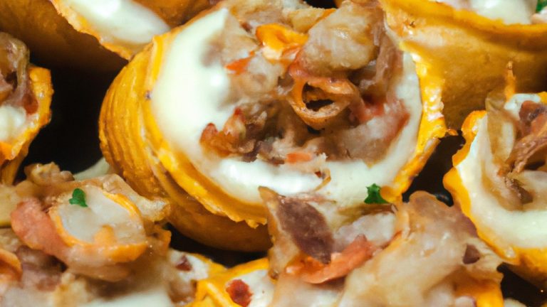 Imagem de conchigliones recheados cozidos em uma airfryer. Os conchigliones estão recheados com uma mistura de queijo, espinafre e carne moída. Eles são dourados e crocantes por fora e macios e suculentos por dentro.