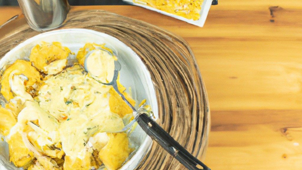 Uma imagem de peito de frango empanado e dourado em uma cesta de airfryer, coberto com um molho cremoso de milho. O frango é servido em um prato com uma porção de espinafre refogado.