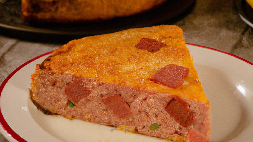 Imagem de uma torta de milho com linguiça calabresa assada em um prato branco. A torta é apresentada em uma fatia, revelando uma crosta dourada e crocante, milho doce e suculento e pedaços picantes de linguiça calabresa. O prato é decorado com folhas de manjericão fresco e pimenta vermelha em flocos, criando uma apresentação vibrante e apetitosa.