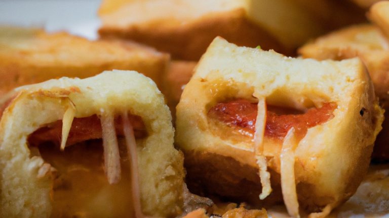 Uma fotografia de um prato com pão à parmegiana feito na airfryer. O pão está dourado e coberto com queijo derretido e molho de tomate.
