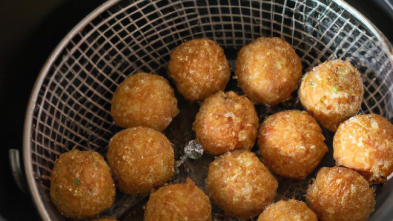 Imagem de um bolinho de vagem crocante e dourado cozido na Airfryer, servido em um prato com um garfo ao lado.