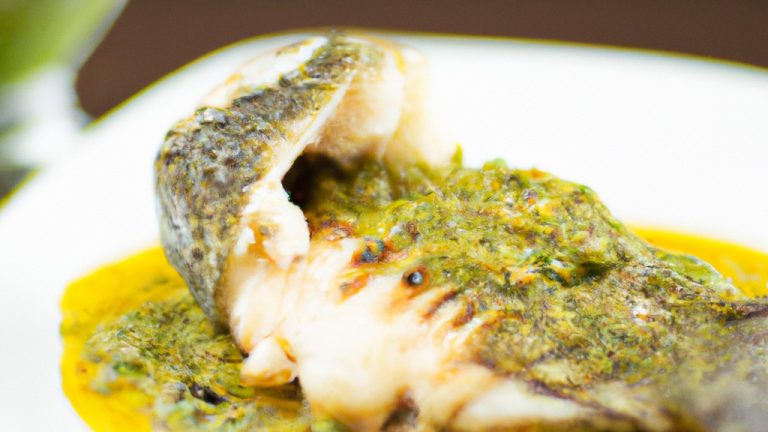 Imagem mostrando uma porção de filés de pescada cozidos em uma Air Fryer, cobertos com um molho verde feito com manjericão, azeite e alho.