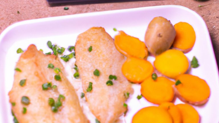 Uma foto de tilápias temperadas e batatas cortadas em rodelas cozinhando em uma Airfryer. O prato está quase pronto, com as tilápias douradas e as batatas levemente crocantes. Ao redor da Airfryer, há ingredientes como sal, pimenta, limão e ervas frescas, que foram usados para temperar o peixe e as batatas.