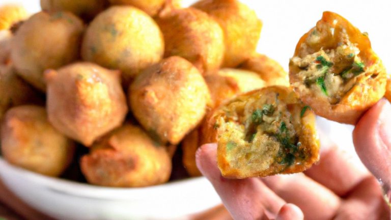 Bolinhos de brócolis crocantes e dourados feitos em uma Airfryer. Os bolinhos são feitos com brócolis fresco, farinha, ovos e temperos e são cozidos até ficarem crocantes por fora e macios por dentro. Eles são servidos com um molho de iogurte e alho.