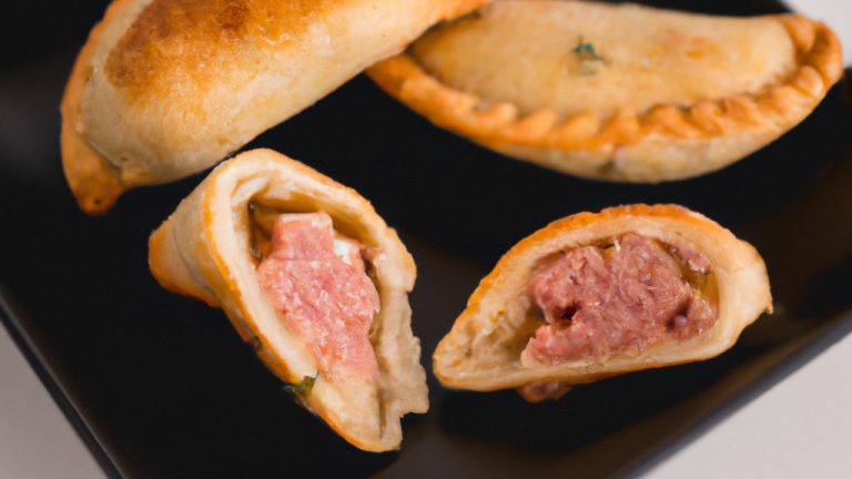 Imagem de uma empanada de linguiça crocante e dourada, preparada na airfryer, com recheio suculento e saboroso.