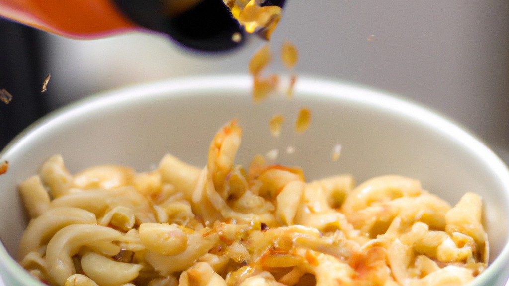 Imagem de macarrão cozido em uma airfryer, com queijo derretido por cima. O macarrão está em uma tigela branca e há um garfo ao lado dele.