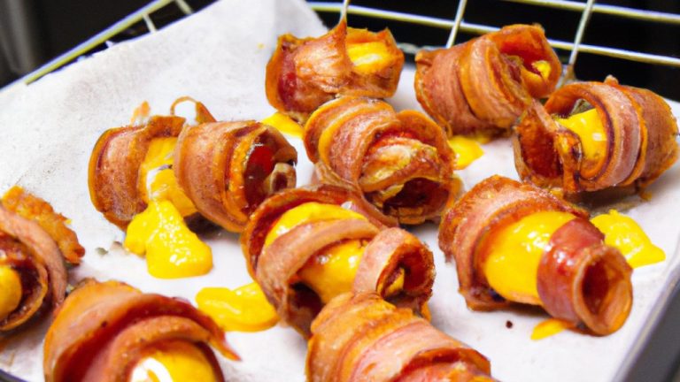 Imagem de codornas embrulhadas em bacon, cozidas na Air Fryer, servidas em um prato branco com um ramo de alecrim ao lado.