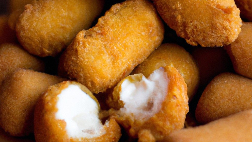 Imagem de uma airfryer cheia de nuggets de frango crocantes e dourados. O prato ao lado da airfryer contém um molho para mergulhar.
