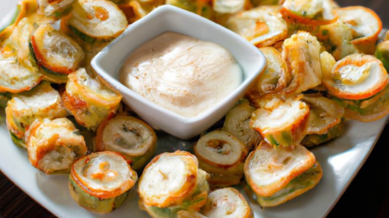 Imagem de um rondeli de abobrinha cortado ao meio, mostrando o recheio de ricota e queijo. O rondeli está cozido na Airfryer e tem uma crosta dourada.