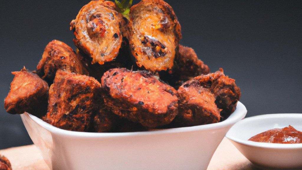 Imagem de uma airfryer com a parte superior removida, revelando uma cesta cheia de carne grelhada e temperada. A carne é suculenta e tenra, com um belo tom dourado.