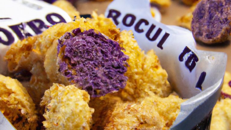 Imagem de fatias de repolho roxo crocantes em uma air fryer com uma tigela de molho à parte.