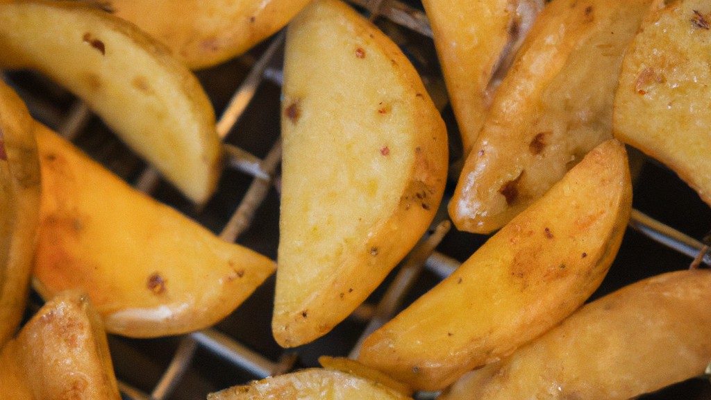 Imagem de cascas de batata crocantes e douradas cozidas em uma Airfryer. As cascas são polvilhadas com sal e pimenta e são servidas com um molho de sua escolha.