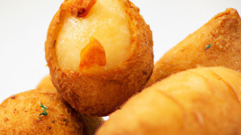 Imagem de uma coxinha de frango com batata frita na airfryer. A coxinha é dourada e crocante, com pedaços de frango e batata visíveis. A batata frita é fina e crocante, com uma cor dourada.