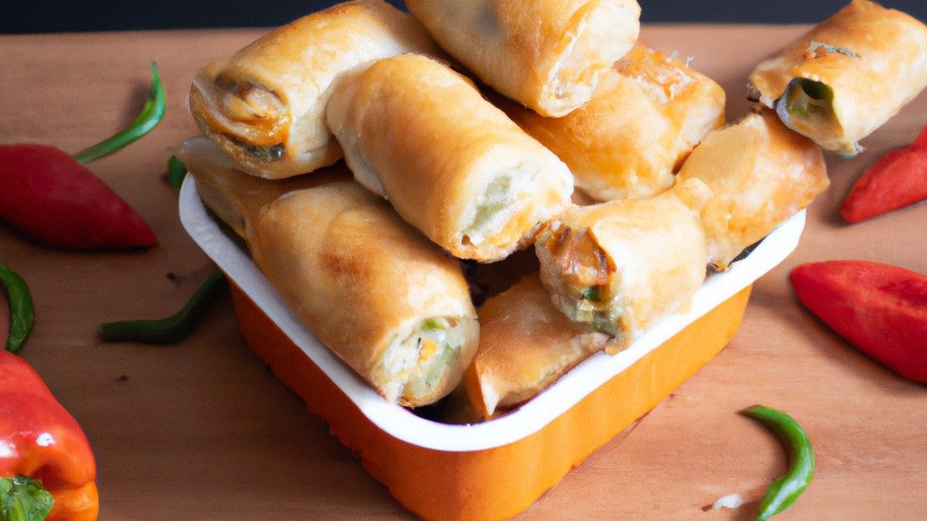 Imagem de rolinhos primavera dourados e crocantes feitos com massa de pastel e fritos na Airfryer. Os rolinhos são recheados com legumes coloridos, como cenoura, repolho e cebolinha, e são servidos com um molho de soja à parte.