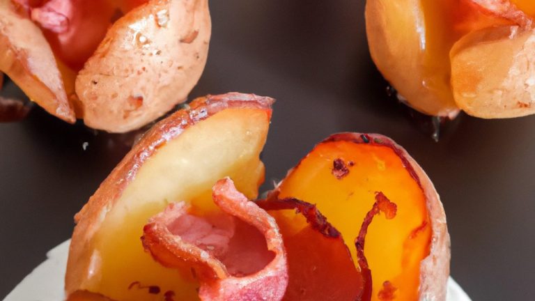 Esta imagem mostra um prato de rosas de batata com bacon, cozidas em uma airfryer. As rosas são feitas de fatias finas de batata enroladas e cobertas com bacon picado. Elas são douradas e crocantes por fora, e macias e fofas por dentro. O prato é guarnecido com cebolinha picada, adicionando um toque de cor e frescor.