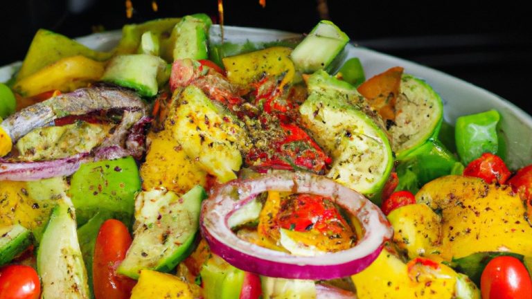 Uma foto de uma tigela cheia de salada mediterrânea com legumes assados na Airfryer. Os legumes incluem brócolis, cenoura, cebola roxa e pimentão vermelho. A salada é coberta com queijo feta, azeitonas e vinagrete.