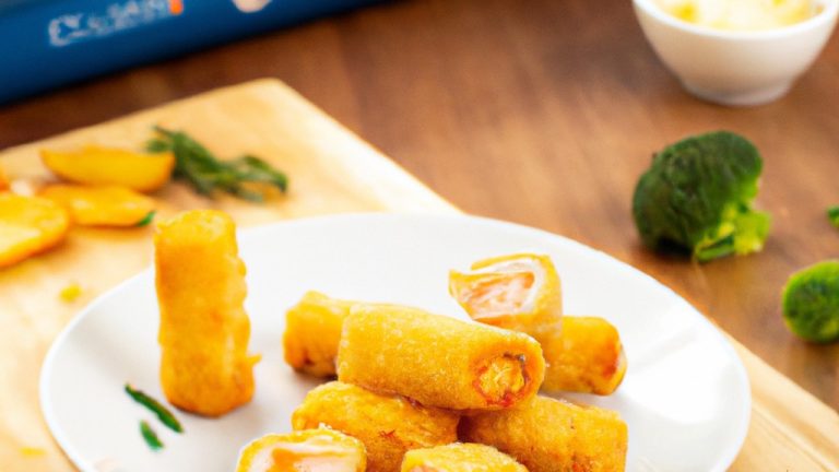 Imagem de salmão empanado cozido em uma Airfryer. O salmão é dourado e coberto com migalhas de pão.