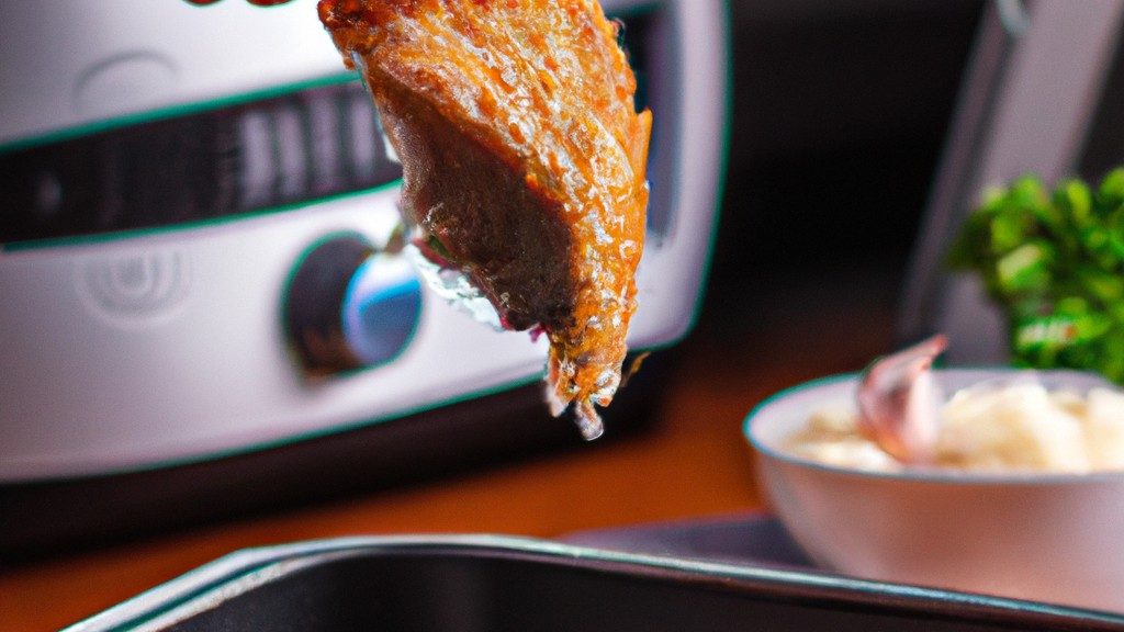 Imagem de salmão assado na Airfryer com pele crocante e suculento por dentro. O salmão é guarnecido com limão e ervas e é servido em um prato branco.