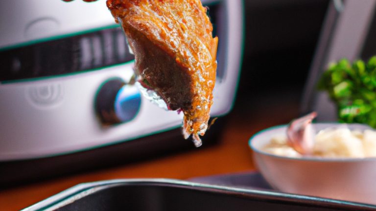 Imagem de salmão assado na Airfryer com pele crocante e suculento por dentro. O salmão é guarnecido com limão e ervas e é servido em um prato branco.