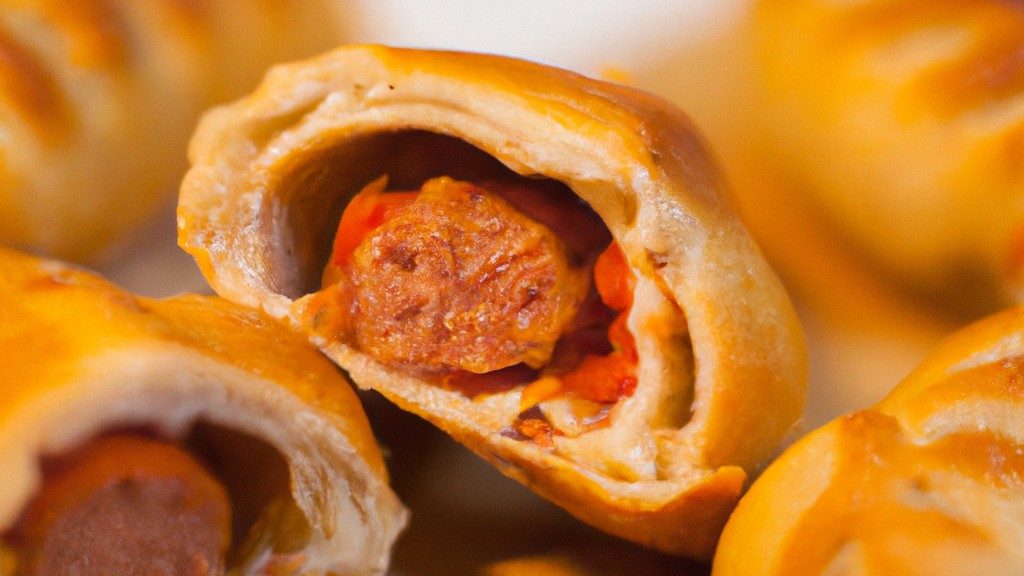 Foto de uma assadeira de salsichas empanadas na Airfryer. As salsichas estão douradas e crocantes, e a Airfryer está no fundo.