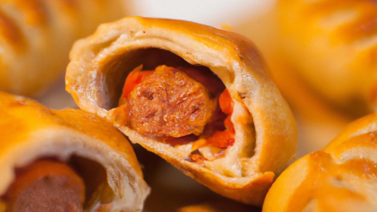 Foto de uma assadeira de salsichas empanadas na Airfryer. As salsichas estão douradas e crocantes, e a Airfryer está no fundo.