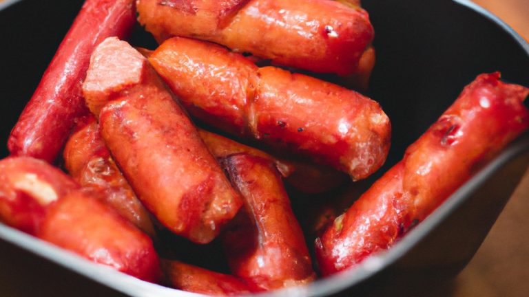 Imagem de salsichas douradas e crocantes cozidas em uma airfryer. A receita é fácil e rápida de fazer, resultando em salsichas perfeitamente cozidas com um exterior crocante e suculento por dentro.