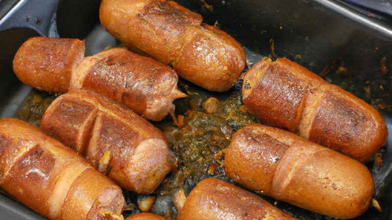 Imagem mostra um salsichão dourado e crocante cozido em uma Airfryer. A salsicha é colocada em uma cesta de arame dentro da Airfryer, com o fundo da cesta visível.