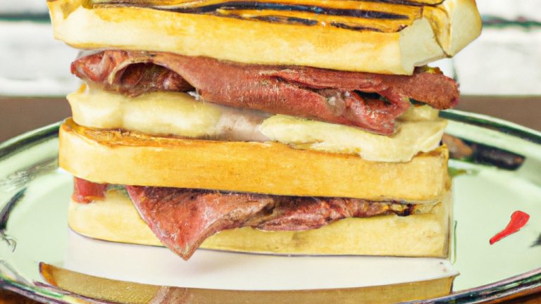 Imagem mostra um sanduíche de churrasco preparado em uma airfryer, com pão crocante, suculenta carne de churrasco, queijo derretido e molho barbecue. O sanduíche é cortado ao meio, revelando seu interior delicioso e apetitoso.
