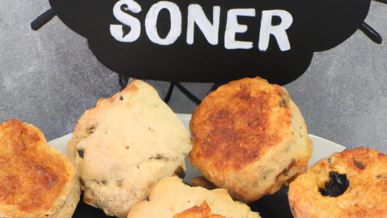 Scones de abóbora assustadores para o Dia das Bruxas, fritos ao ar livre, em forma de fantasmas, morcegos e abóboras, polvilhados com açúcar de confeiteiro e decorados com glacê.
