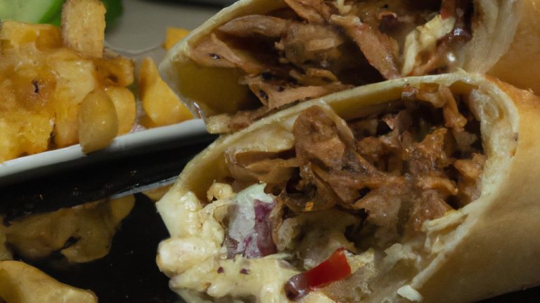 Uma imagem de um shawarma assado na Airfryer, cortado ao meio para mostrar o seu interior suculento. O shawarma é feito com carne de frango marinada e especiarias, enrolada em pão pita e assada até dourar.