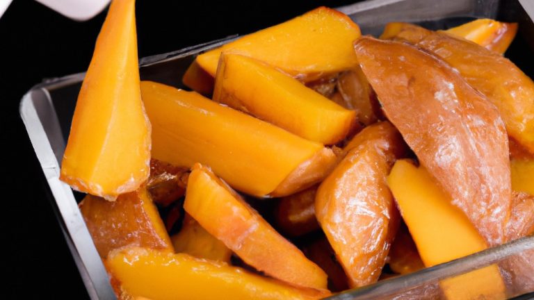 Imagem de batatas doces cortadas em palitos finos e douradas em uma airfryer. O prato é servido com um molho cremoso à base de iogurte ao lado.