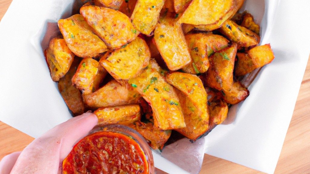 Imagem de batata frita em tiras cobertas com uma mistura de temperos de salsa em uma cesta de fritadeira. As batatas fritas são douradas e crocantes, com uma pitada de tempero picante.