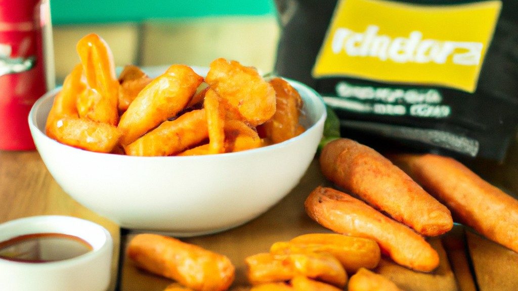 Imagem de palitos de cenoura crocantes dispostos em um prato branco. As cenouras foram preparadas na Airfryer e estão ligeiramente douradas e cobertas com temperos verdes.