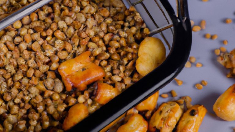 Imagem de chips de grão de bico crocantes e dourados feitos na airfryer, servidos em uma tigela com um lado de molho.