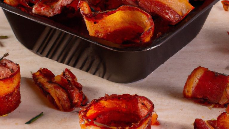 Imagem de uma sobrecoxa de frango assada com bacon, preparada na Airfryer. A sobrecoxa está dourada e crocante, coberta com fatias de bacon crocantes. O prato é acompanhado por uma salada fresca e um molho de sua preferência.