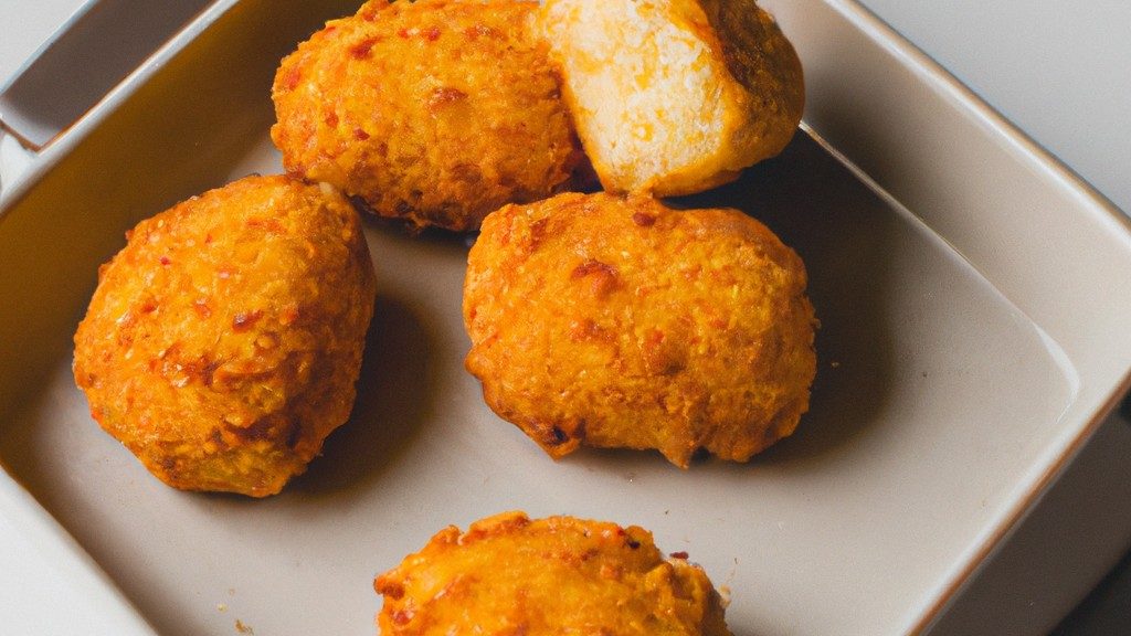 Imagem de uma sobrecoxa de frango recheada com farofa, bacon e queijo, cozida em uma airfryer. O frango está dourado e crocante, com a farofa saltitante e o queijo derretido borbulhando por cima.