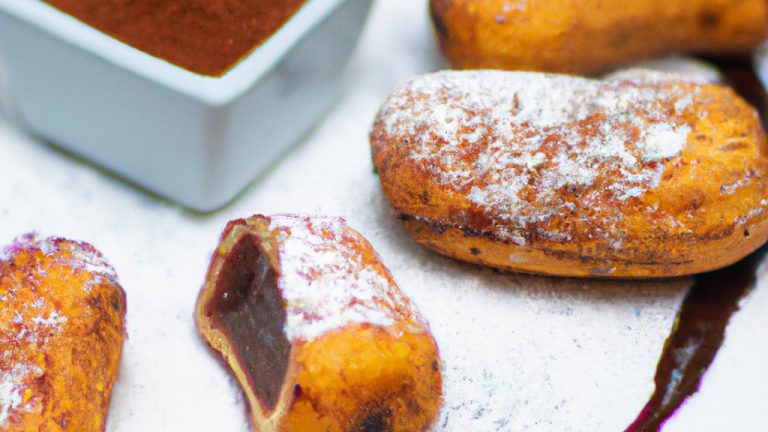 Imagem mostra uma sobremesa de banana feita na Airfryer. A banana é cortada em fatias e coberta com canela e açúcar. A sobremesa é assada por 8 minutos até ficar dourada e caramelizada.
