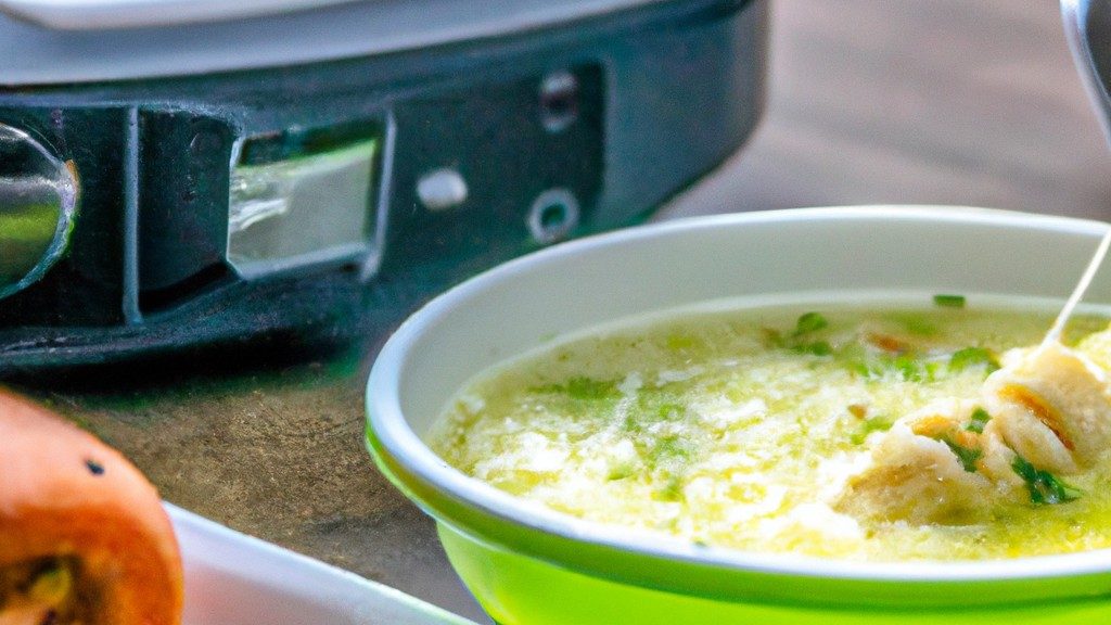 Foto de uma tigela com sopa de legumes fumegante, feita na Airfryer. A sopa é marrom-dourada e cheia de vegetais coloridos, como cenouras, aipo e cebolas. A tigela está em uma mesa de madeira, e há uma colher ao lado da tigela.