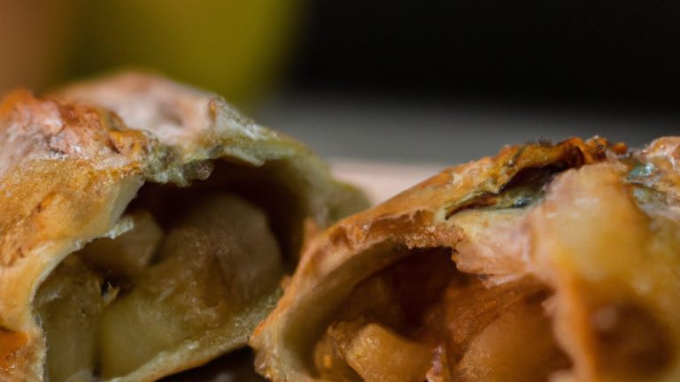 Imagem de um strudel de maçã dourado e crocante, acabado de ser retirado da Airfryer. O strudel é polvilhado com açúcar em pó e tem uma crosta escamosa e um recheio de maçã doce e suculenta.