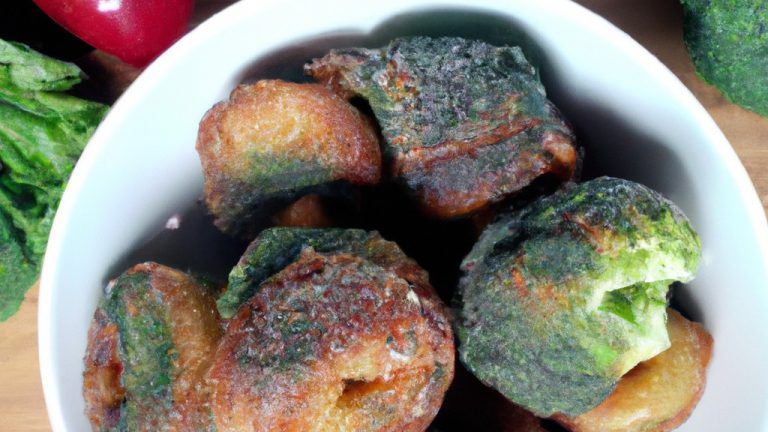 Imagem de um suflê de brócolis dourado e fofo em uma tigela branca, com brócolis verde brilhante e queijo derretido por cima.